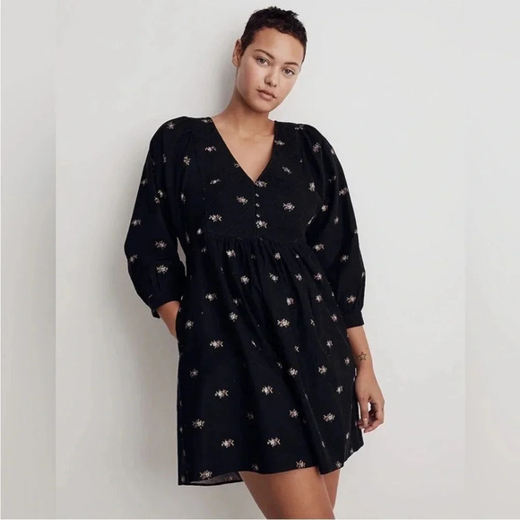 Womens Black Madewell Corduroy Quilted-Bib Mini Dress in Blurred Ikat Item NI714 - Picture 2 of 6